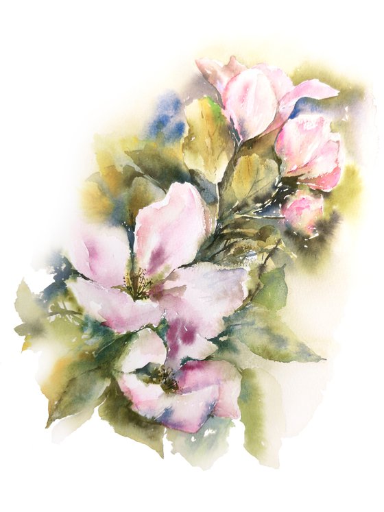 Spring apple blossom, small watercolor floral painting