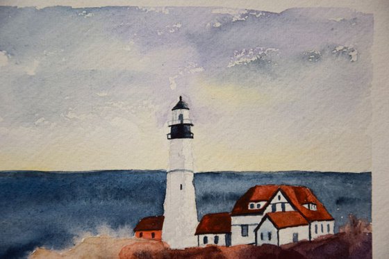 Lighthouse original watercolor painting on craft paper, sea and rocks, hygge home decor