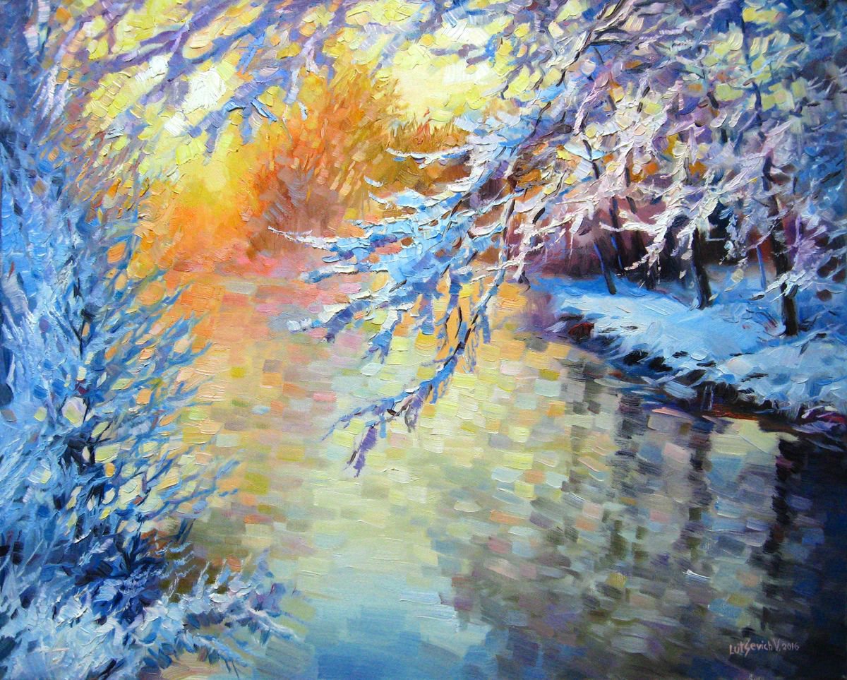 Impressionistic Landscape Oil Painting By Vladimir Lutsevich, 22 X 18", Winter Landscape, Original Artwork