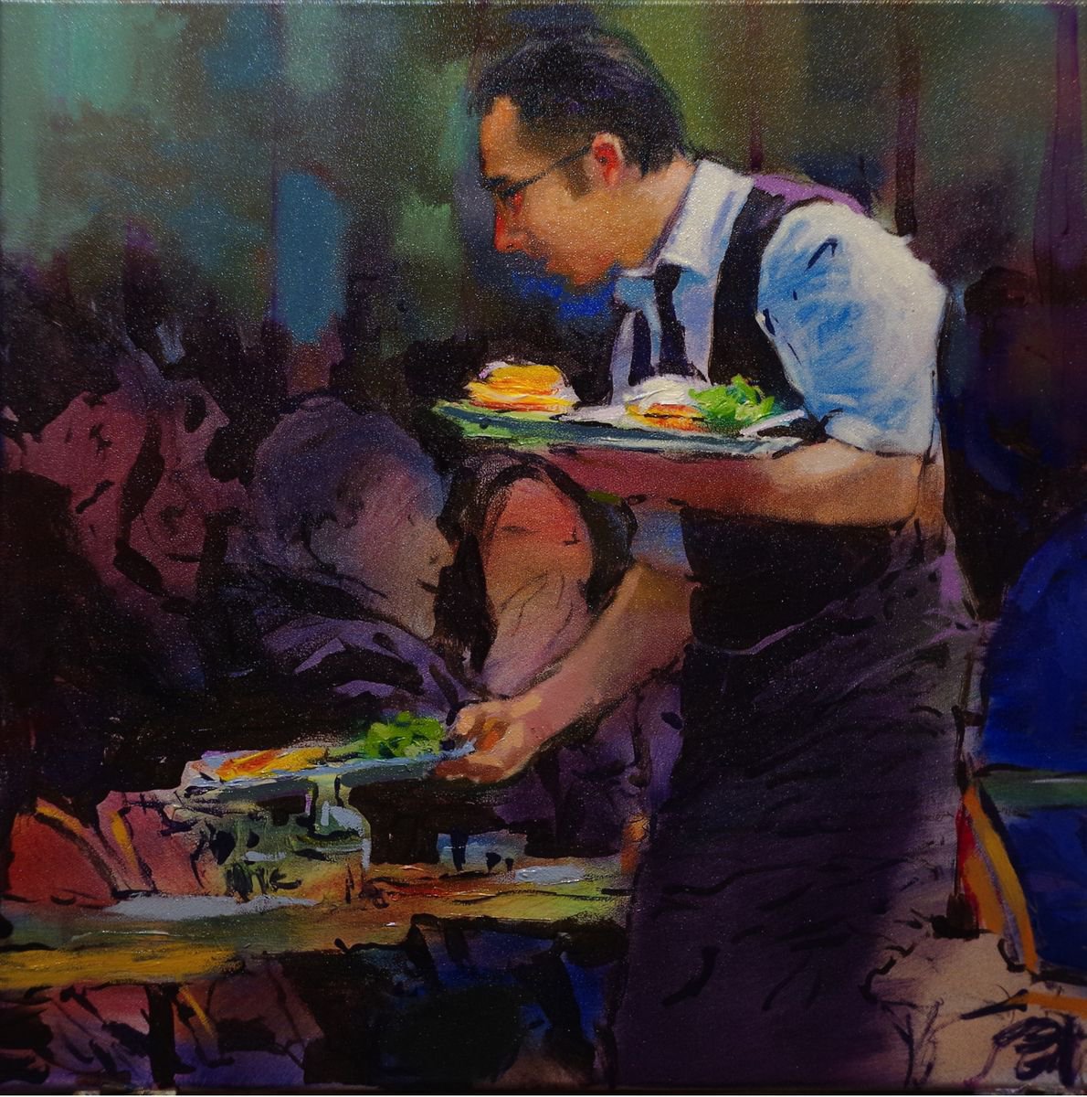 Impressionistic Portrait Oil Painting By Vygandas Doveika, 20 X 20", Waiter, Original Artwork