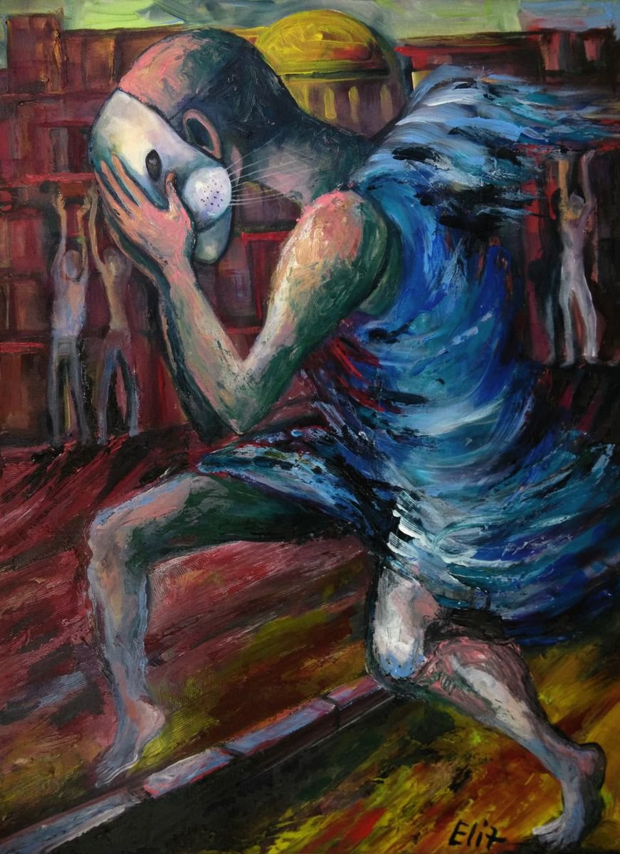 Expressive Portrait Acrylic Painting By Elisheva Nesis, 20 X 28, Lost Angel, Original Artwork