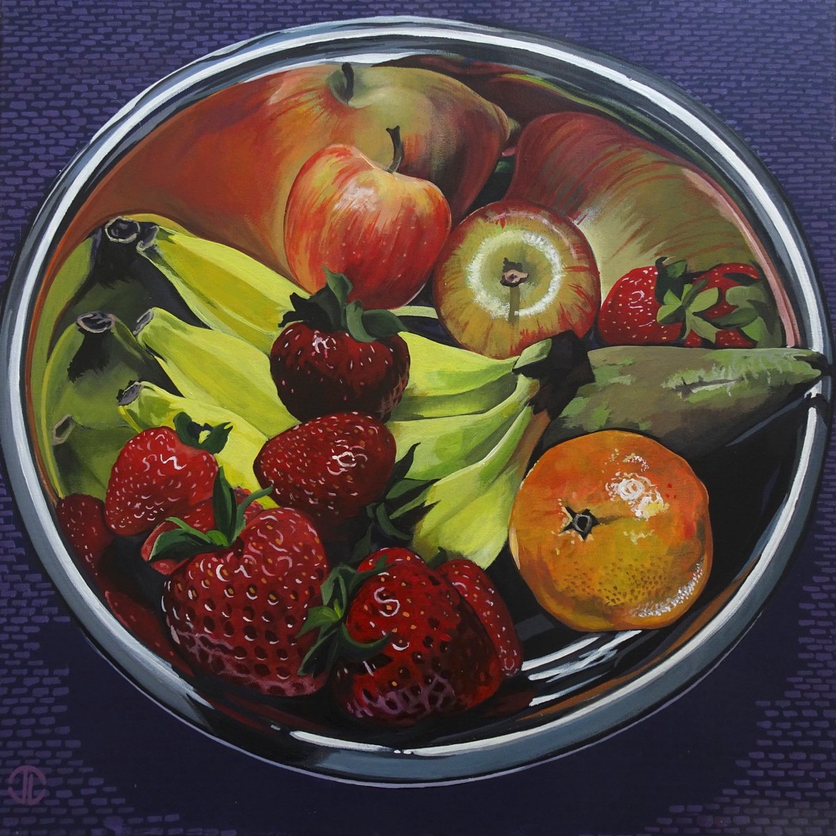 Photorealistic Still Life Acrylic Painting By Joseph Lynch, 20 X 20, Fruit Reflections, Original Artwork