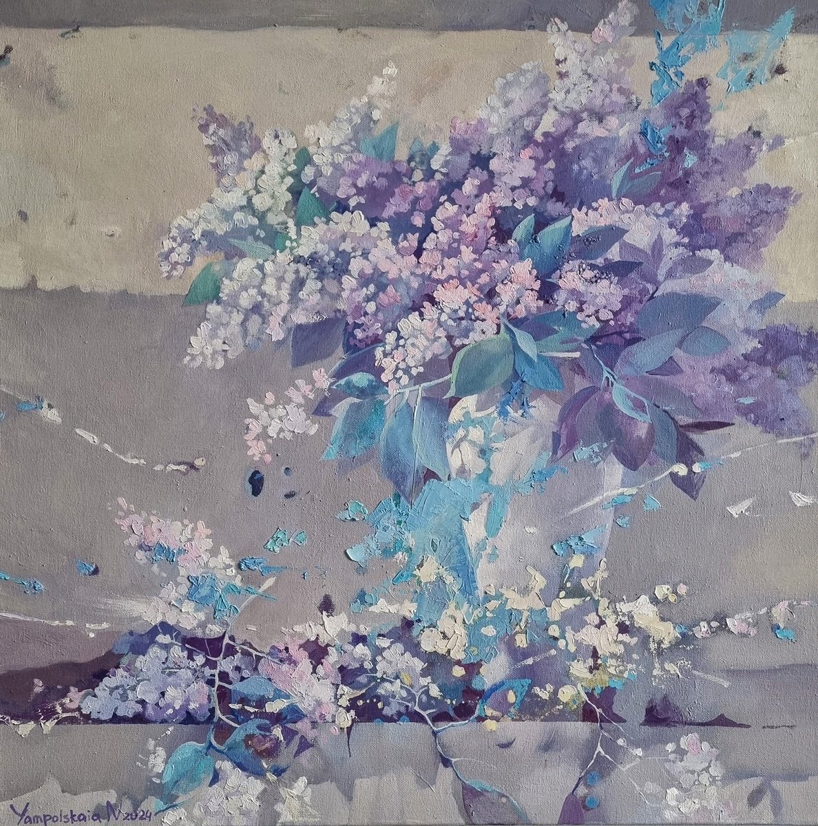 Impressionistic Botanical Oil Painting By Natalia Yampolskaia, 24 X 24", Lilac In A Vase, Original Artwork