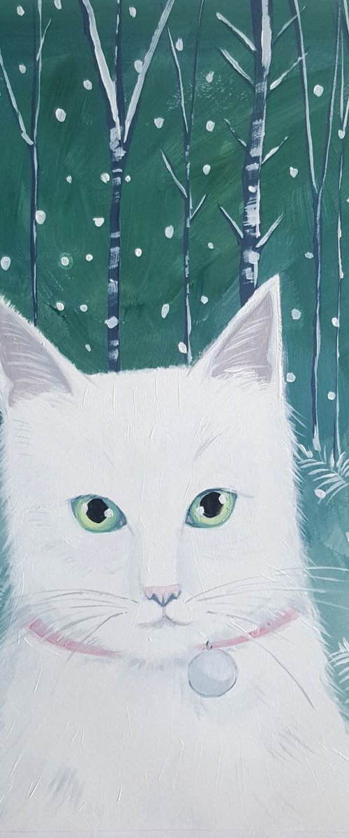 Snow cat in the forest by Mary Stubberfield