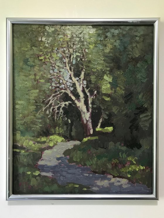 Original Oil Painting Wall Art Artwork Signed Hand Made Jixiang Dong Canvas 25cm × 30cm The lane through Marsh Park small building Impressionism