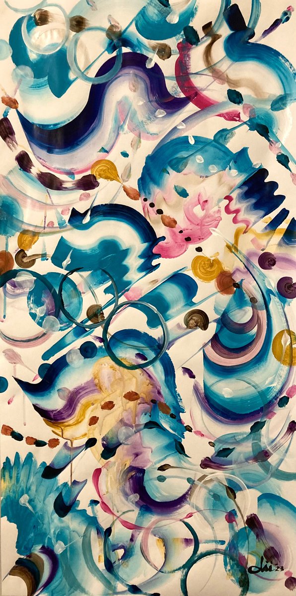 Organic Abstract Acrylic Painting By Daichi Matsusaki, 20 X 39, Color Dance 2-11-23, Original Artwork