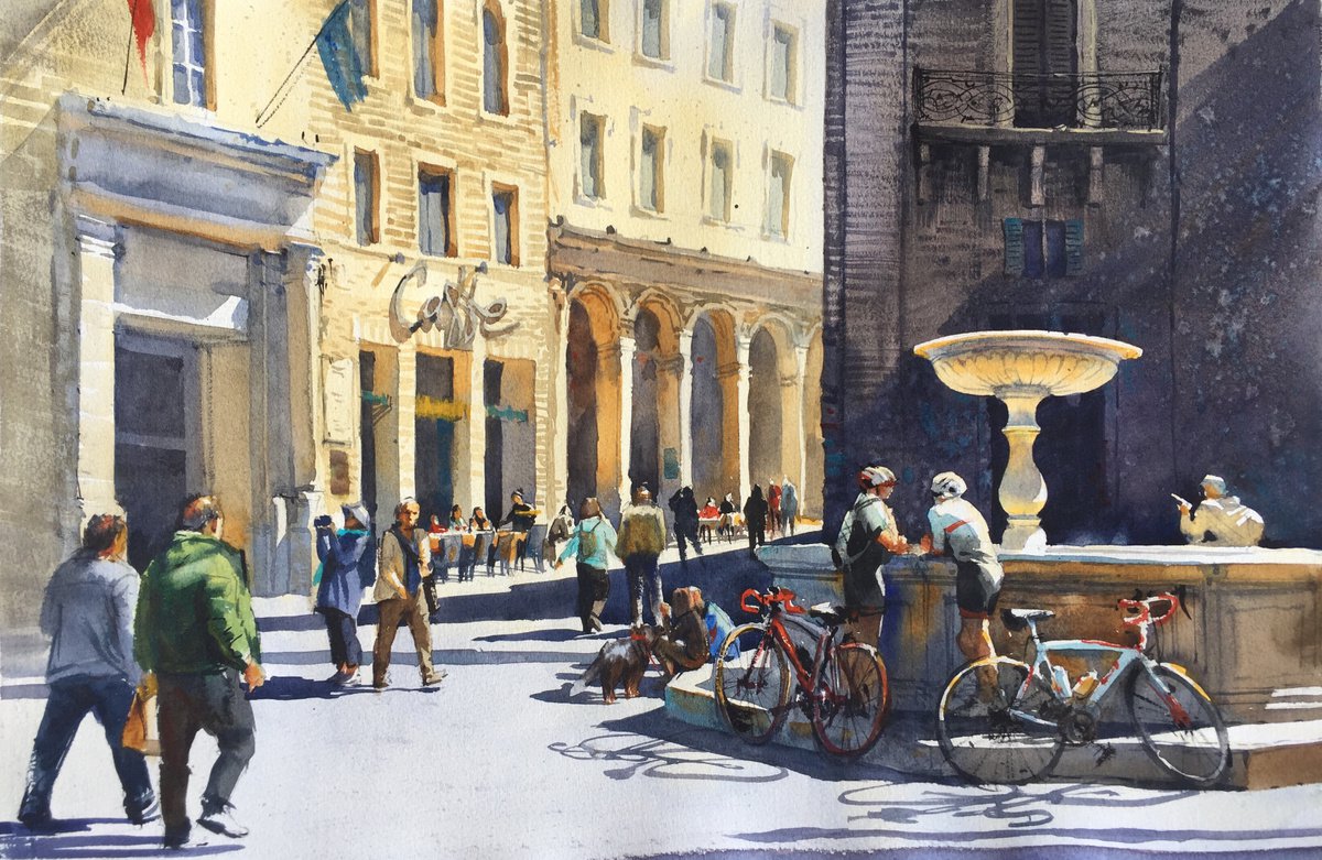Expressive Cityscapes Watercolour By Samira Yanushkova, 22 X 16", Meeting Place, Original Artwork