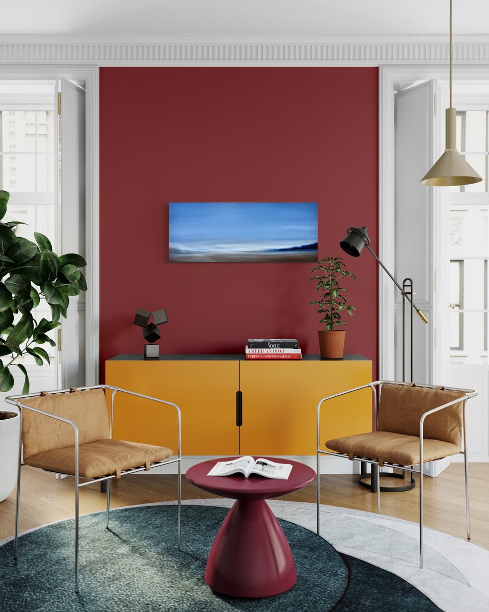 Impressionistic Landscape Oil Painting By Renata Retrova, 39 X 16", The Beach, Original Artwork