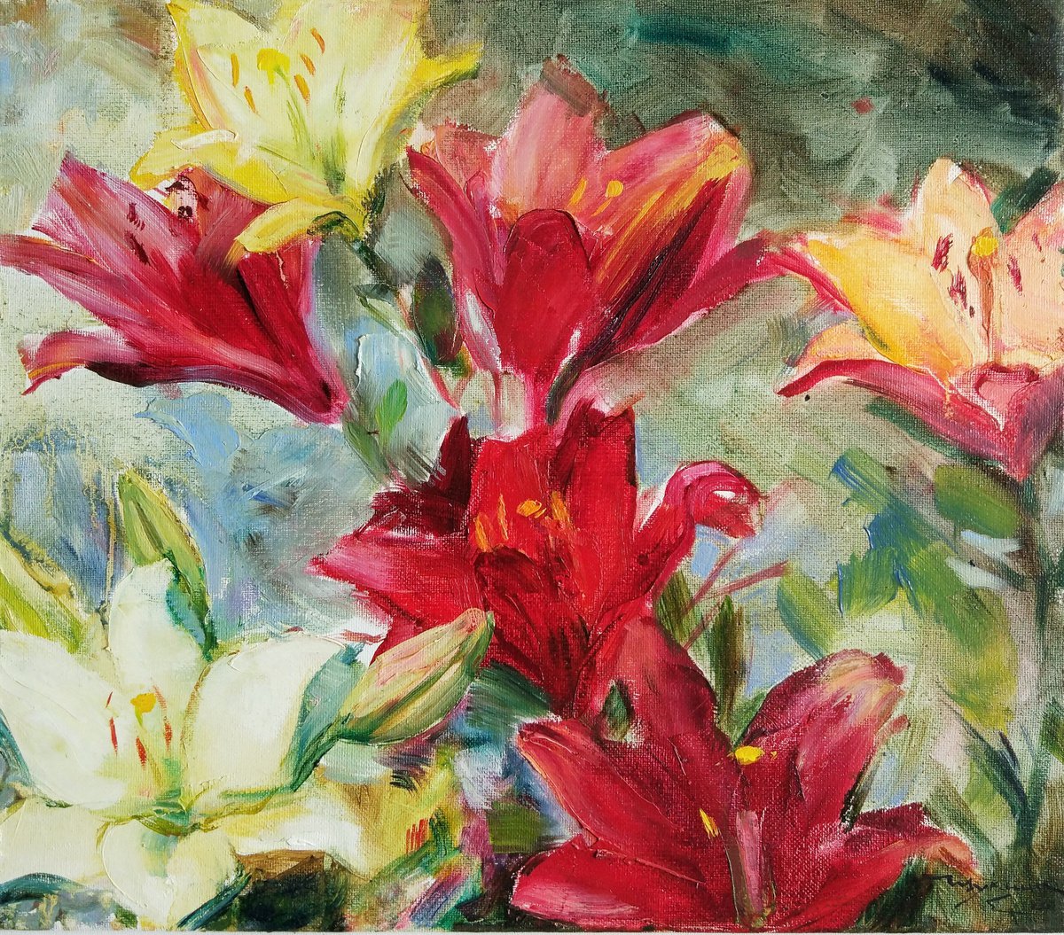 Lilies. Summer moments. Original plein air oil painting by Helen Shukina