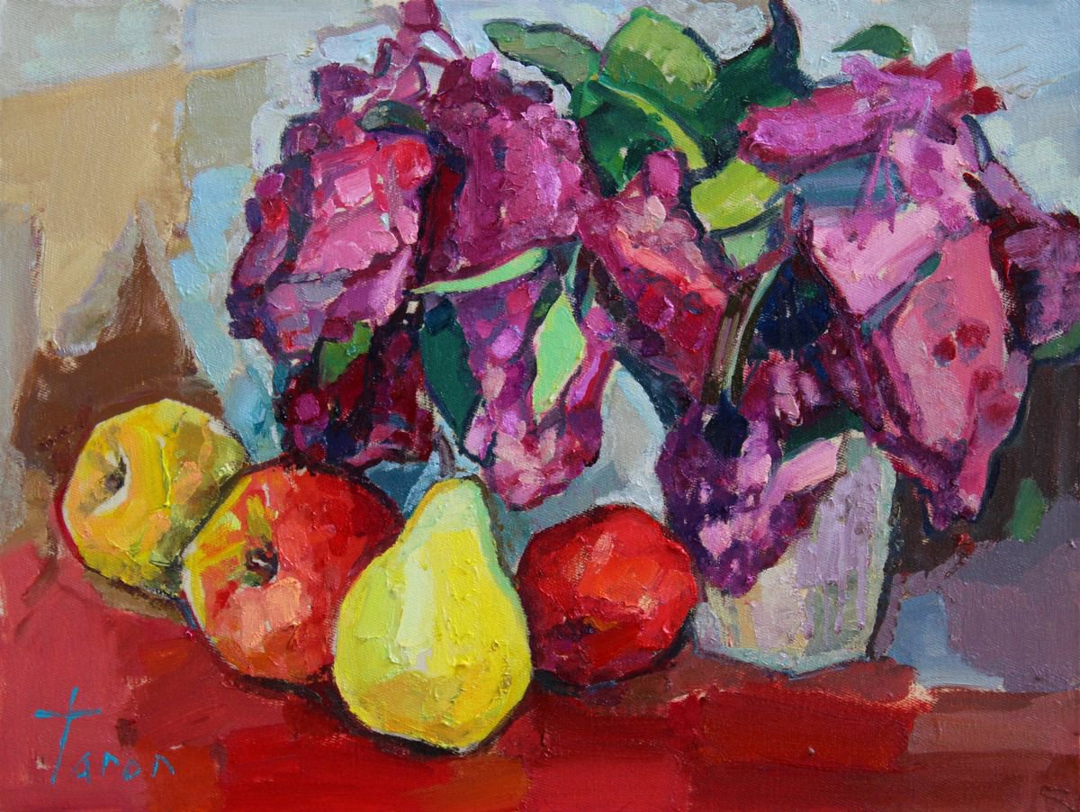 Still life on red table by Taron Khachatryan