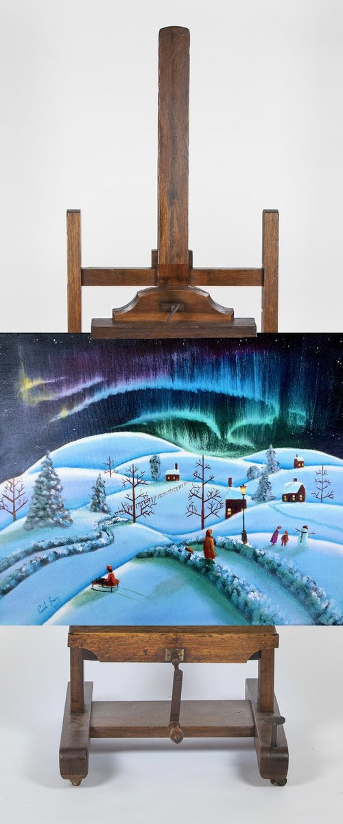 Winter folk art landscape painting by Gordon Bruce