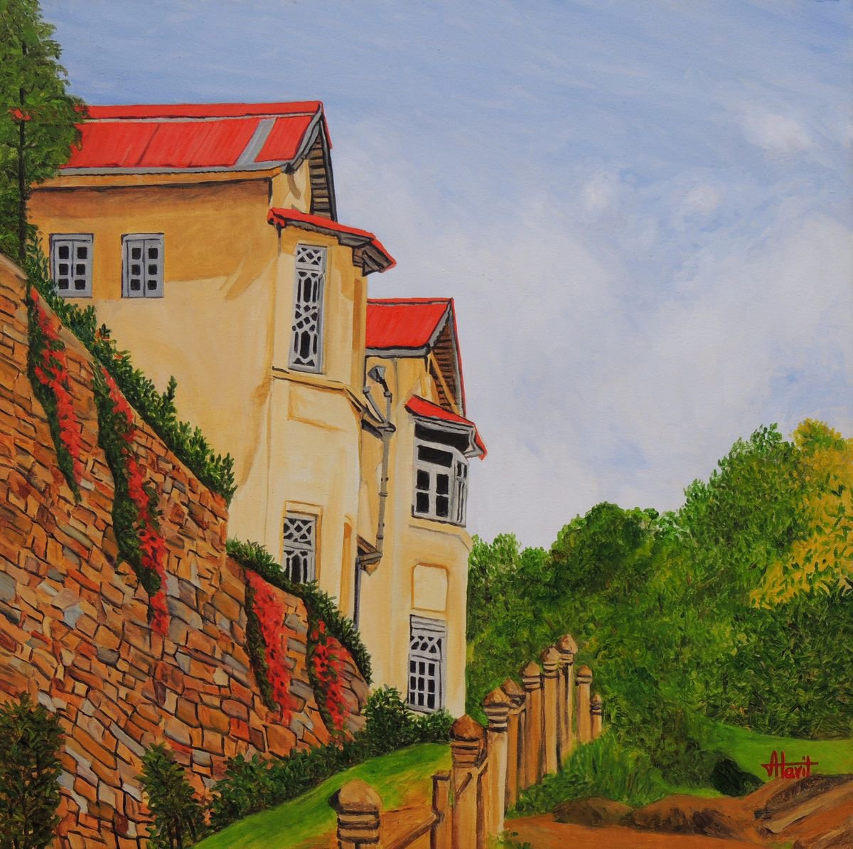 Photorealistic Landscape Oil Painting By Ajay Harit, 30 X 30, Mansion In Nainital, Original Artwork