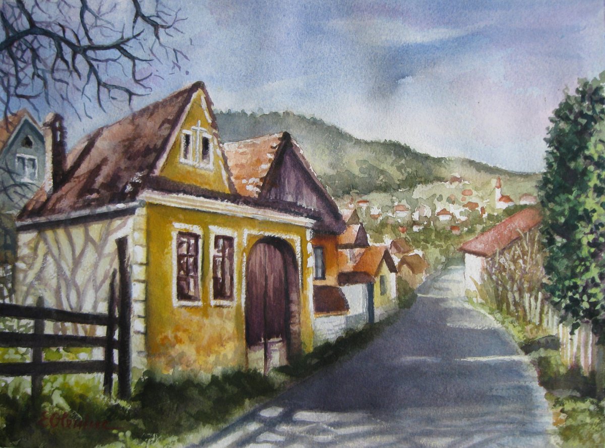 Photorealistic Cityscapes Watercolour By Elena Oleniuc, 17 X 13, Medieval Land, Original Artwork