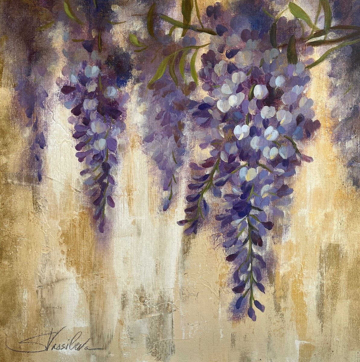 Impressionistic Botanical Acrylic Painting By Silvia Vassileva, 21 X 21", Wisteria Branches, Original Artwork