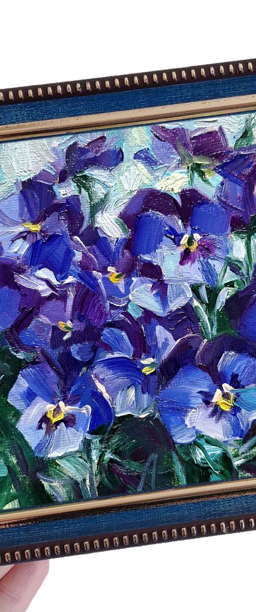 Small oil painting original blue flower painting 5x5, Pansy picture frame floral artwork by Nataly Derevyanko