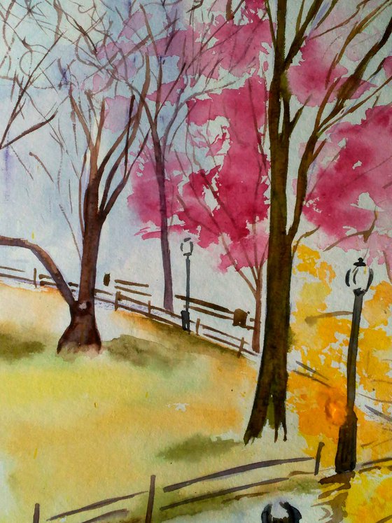 Couple Painting Central Park NYC Original Art Walk in Spring Park Watercolor Stroll Small Home Wall Art 8 by 12" by Halyna Kirichenko