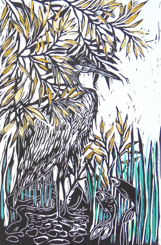 Heron linocut, A3