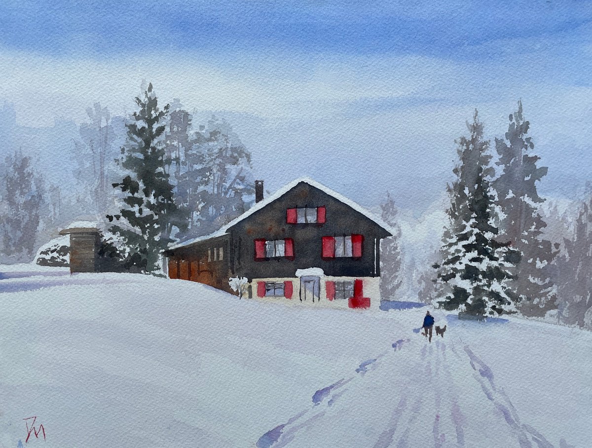 Impressionistic Landscape Watercolour By Shelly Du, 16 X 12", Winter Wonderland - Swiss Alps, Original Artwork