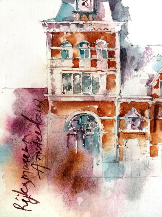 "Rijksmuseum Building. Amsterdam Netherlands" architectural landscape - Original watercolor painting