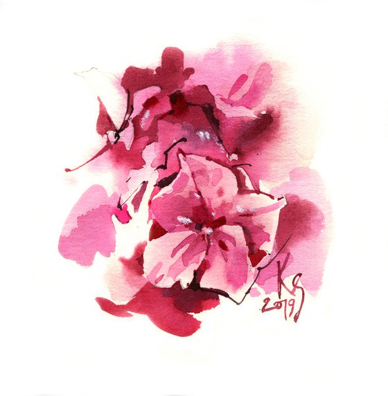 "Pink Butterflies" original watercolor painting of hydrangea flowers, in small format