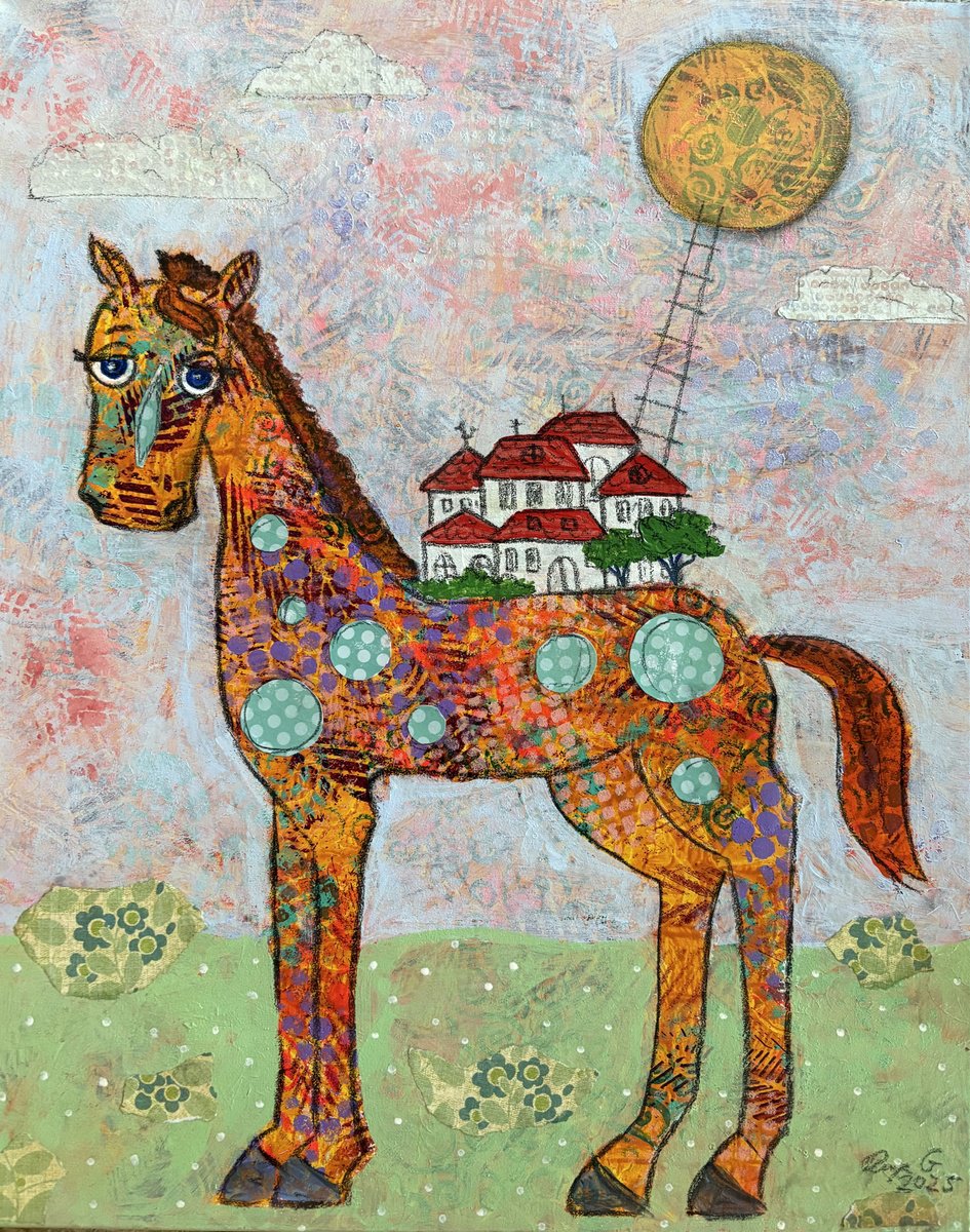 Animal Painting By Anya Getter, 16 X 20, Happy Horseback Town, Original Artwork