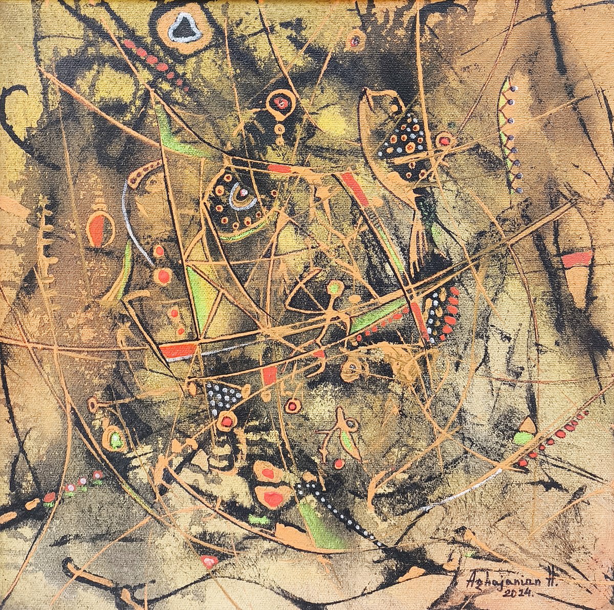 Abstract Oil Painting By Harutyun Aghajanyan, 16 X 16, Cosmic Web, Original Artwork