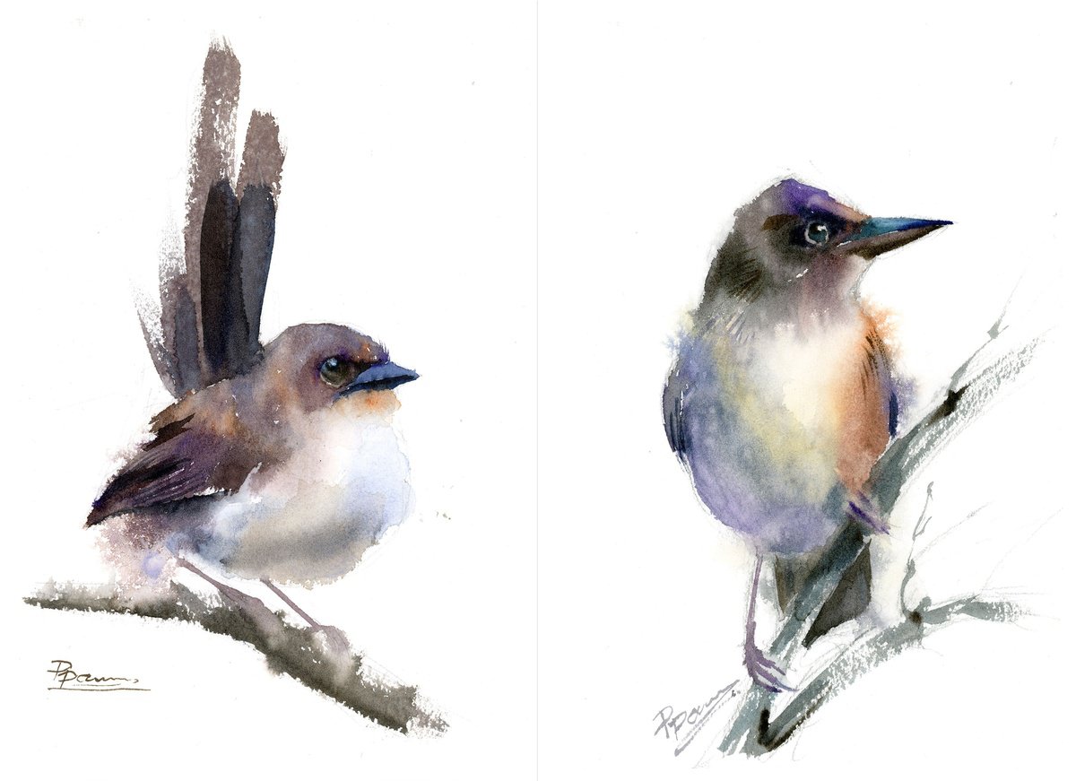 Illustrative Animal Watercolour By Olga Tchefranov (Shefranov), 14 X 10", Wren - Diptych, Original Artwork