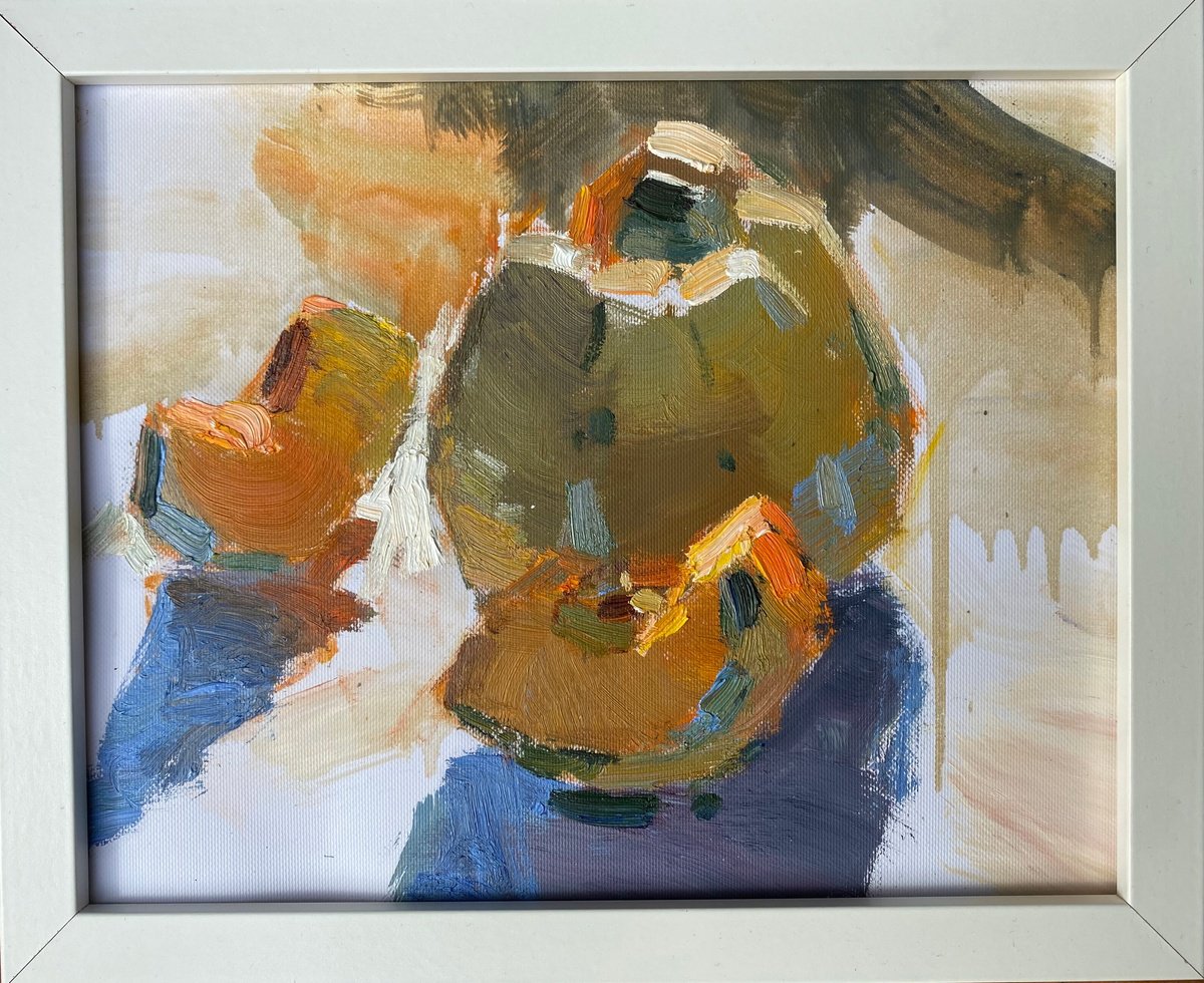 Impressionistic Botanical Oil Painting By Nataliia Nosyk, 11 X 9", Green Pumpkin, Original Artwork