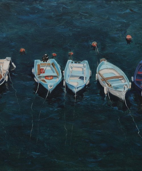 Fishing boats on moorings by Tom Clay