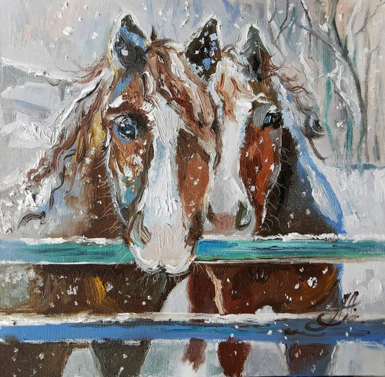 Horse oil painting, Animals portrait painting, Christmas wall art oil painting