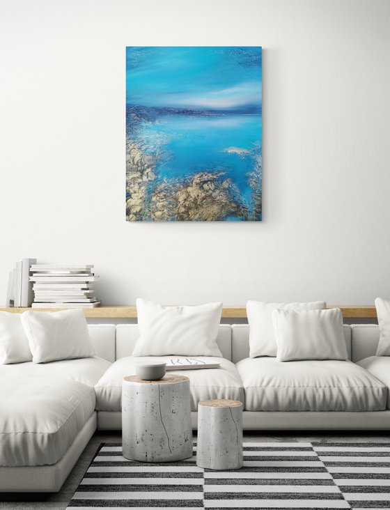 A XL large original modern semi-abstract painting "Blue Lagoon"