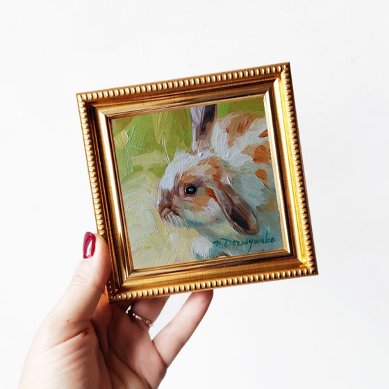 Cute rabbit painting original oil framed 4x4, Small framed art white red rabbit artwork green background