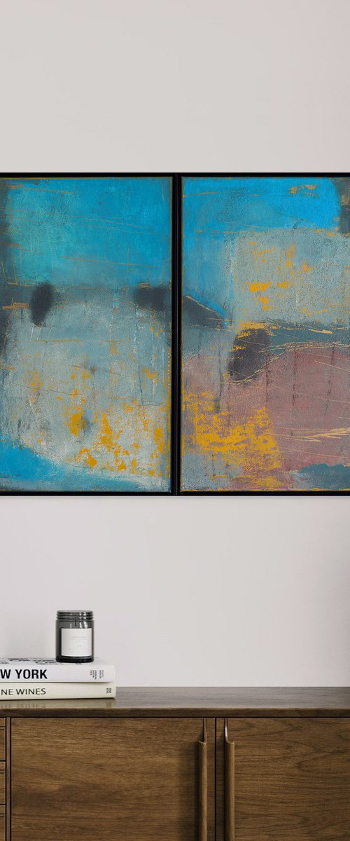 Ash-bluish Abstract Diptych by Bo Kravchenko