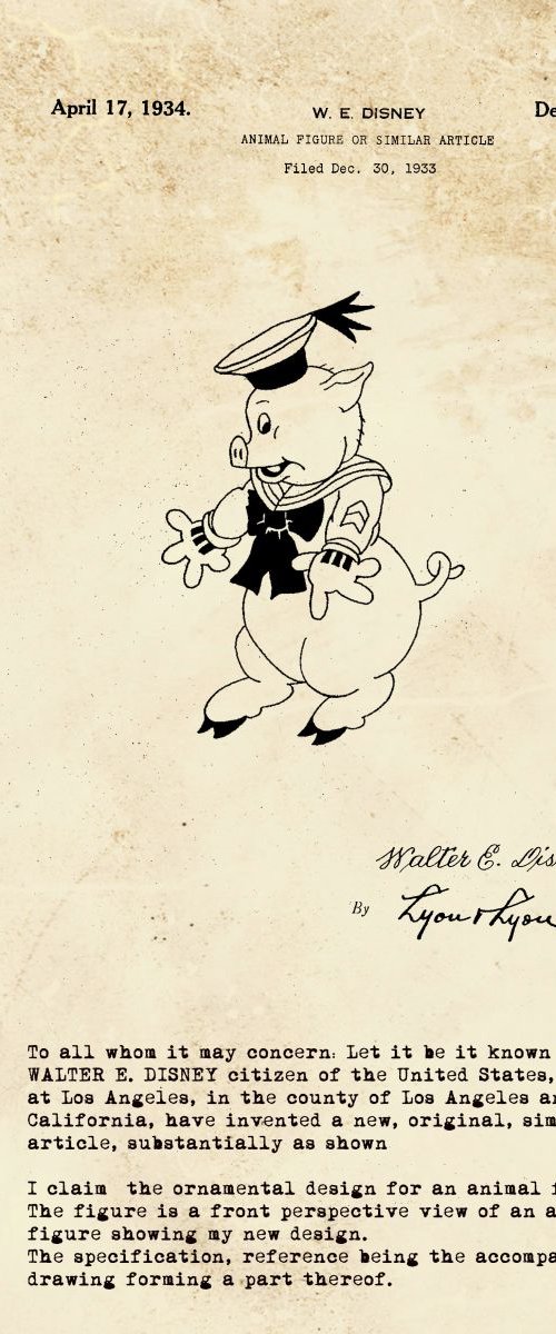 Disney Character Patent Pig 1 - Sepia - Circa 1934 by Marlene Watson