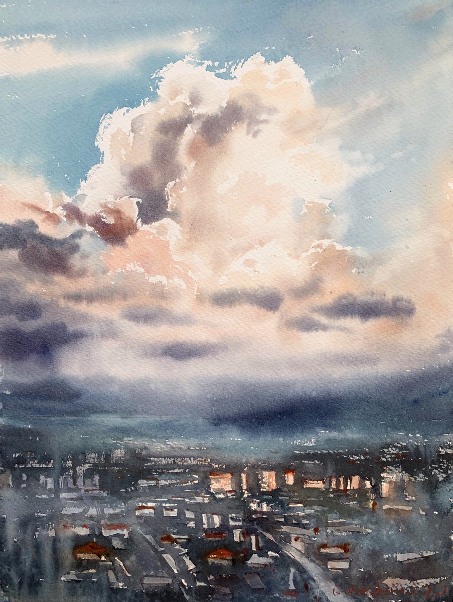 Impressionistic Cityscapes Watercolour By Eugenia Gorbacheva, 12 X 16, City Cloudscape At Sunrise #3, Original Artwork
