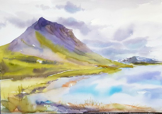 Watercolor landscape. "The road along the fjord" Westfjords Iceland.