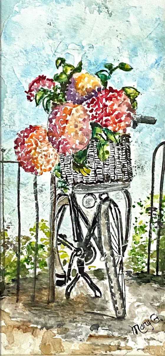 Hydrangeas Basket on a Bike Original Watercolor Matted Signed Framed