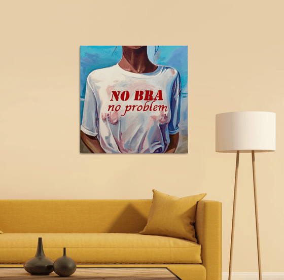 NO BRA NO PROBLEM - oil painting on canvas original gift for him naked woman seaside wet t-shirt nipples pop art bachelor interior