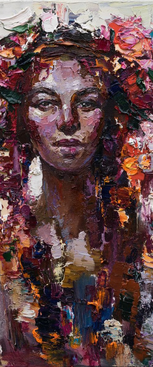 Woman portrait Flowers in her hair - Original oil girl portrait painting by Anastasiia Valiulina