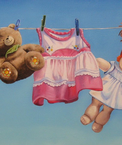 Adorable Nursery Wall Art: Serene Sky with Teddy Bears and Pink Bunny by Natalia Shaykina