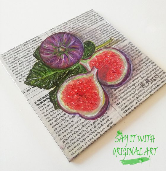 "Figs Fruit on Newspaper" Original Oil on Canvas Board Painting 6 by 6 inches (15x15 cm)