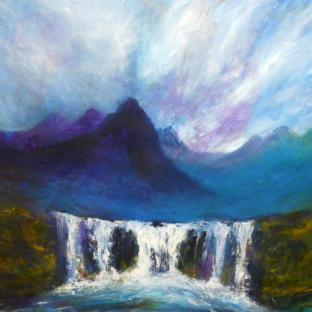 Impressionistic Landscape Acrylic Painting By Oconnart, 34 X 34", Fairy Falls, Skye, Original Artwork