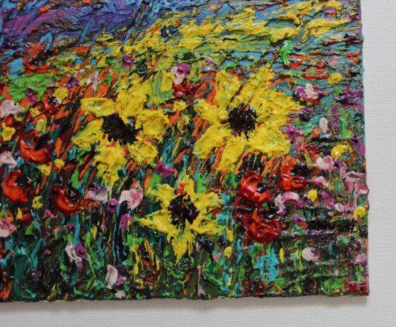 Sunflowers amidst the Wild Flowers, 2017 - Landscape Impressionistic Palette Knife Acrylic Painting on Canvas Board