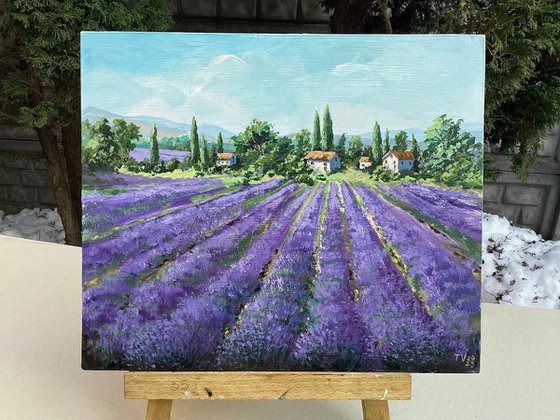 Lavender field. Acrylic painting. Original art. Provence landscape. Flower landscape.