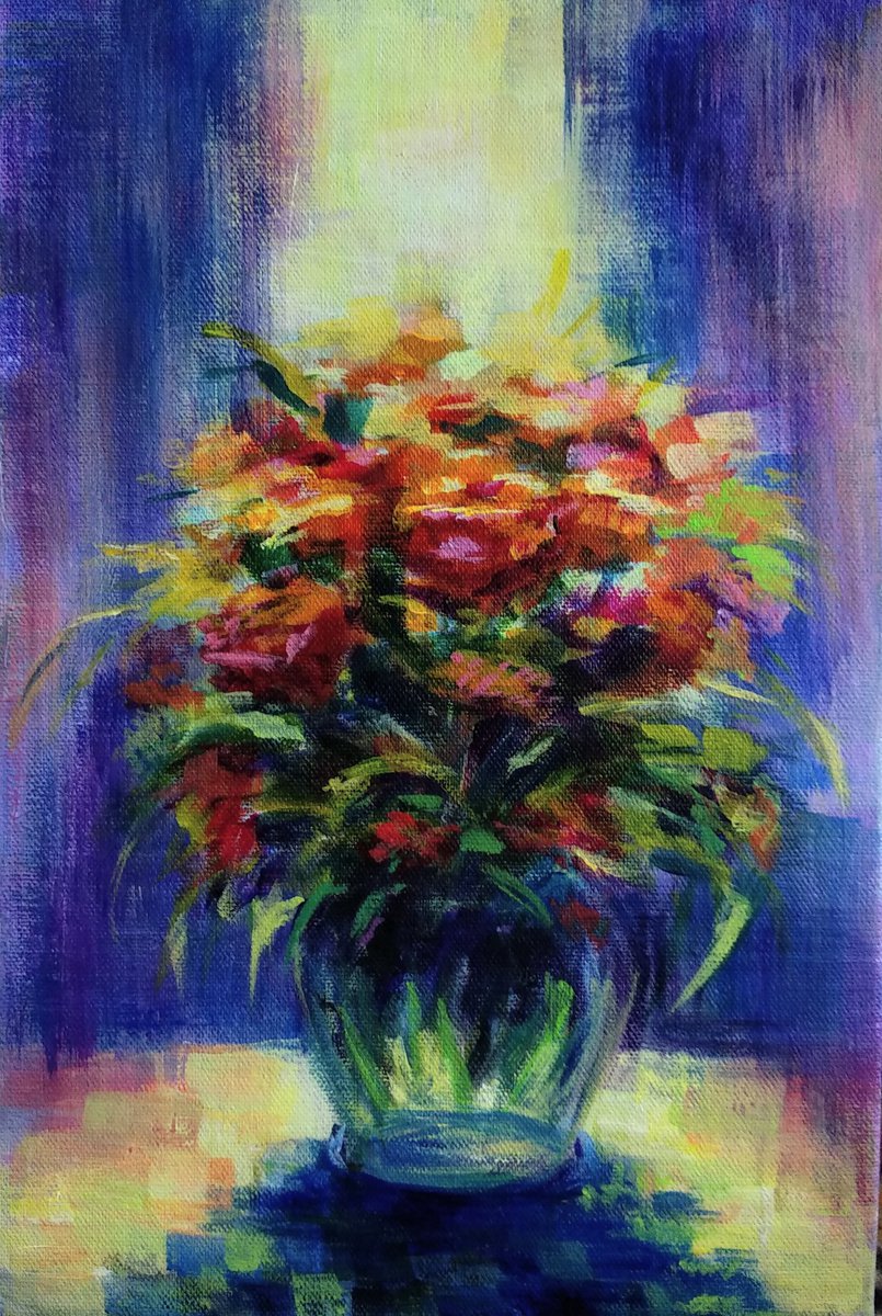 Still life Bouquet of wild flowers in vase near the window by Anastasia Art Line