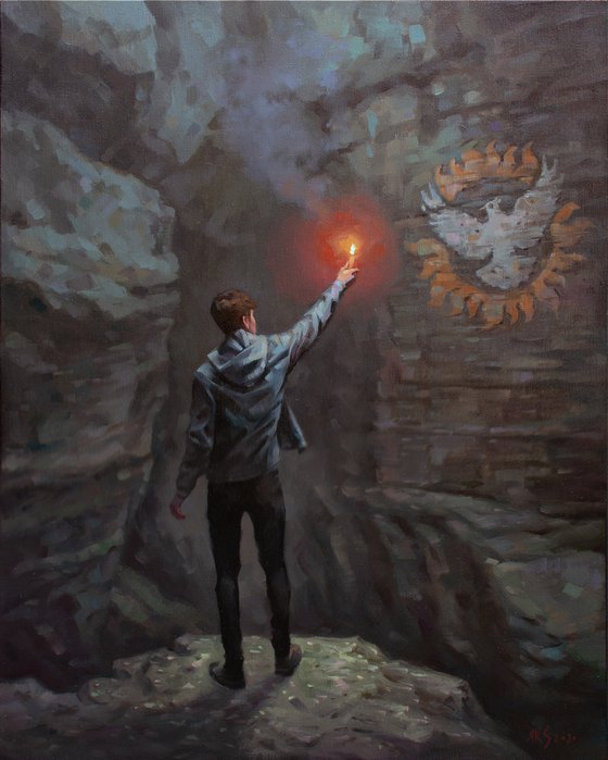 IN SEARCH OF TRUTH by Yaroslav Sobol (Original oil painting, The young man went deep into the cave to get answers to his questions.)