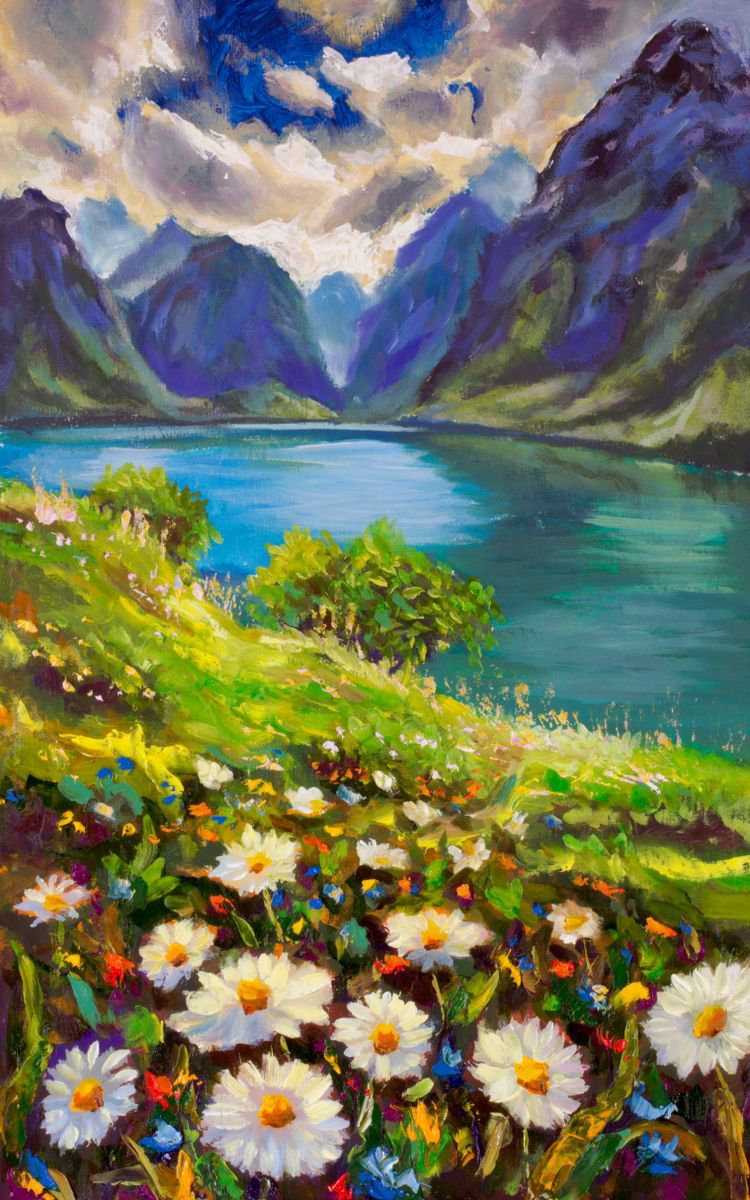 Buy painting Shore of flowers on lake in mountains - original oil painting by Rybakow by Valery Rybakow