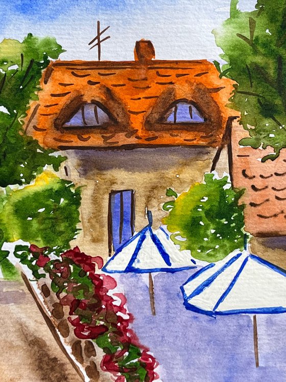 Hungary Painting Tuhany Original Art Roof Watercolor Houses Artwork Village Wall Art 8 by 12" by Halyna Kirichenko