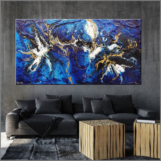 Golden Blu 190cm x 100cm Blue Gold Textured Abstract Art