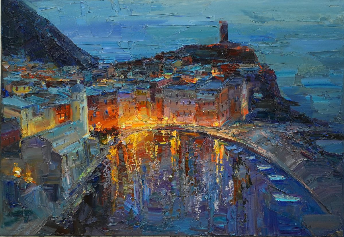 Impressionistic Cityscapes Oil Painting By Serhii Cherniakovskyi, 26 X 18", Vernazza Cinque Terre, Original Artwork